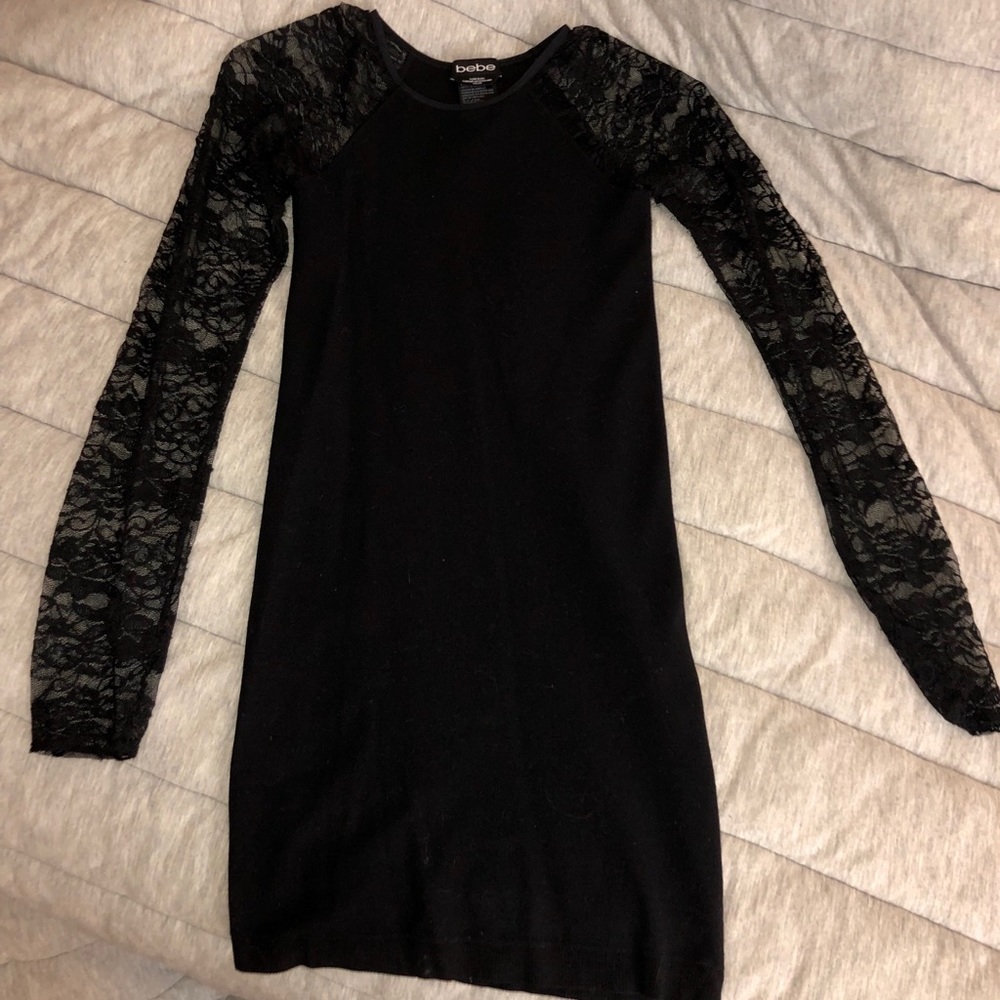 Bebe black bodycon dress with lace sleeves